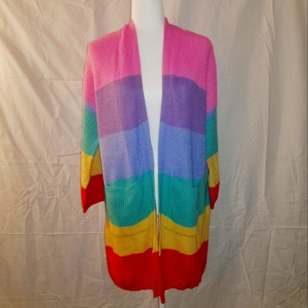 MAIN STRIP OPEN FRONT DUAL POCKET RAINBOW MULTI-STRIPE CARDIGAN